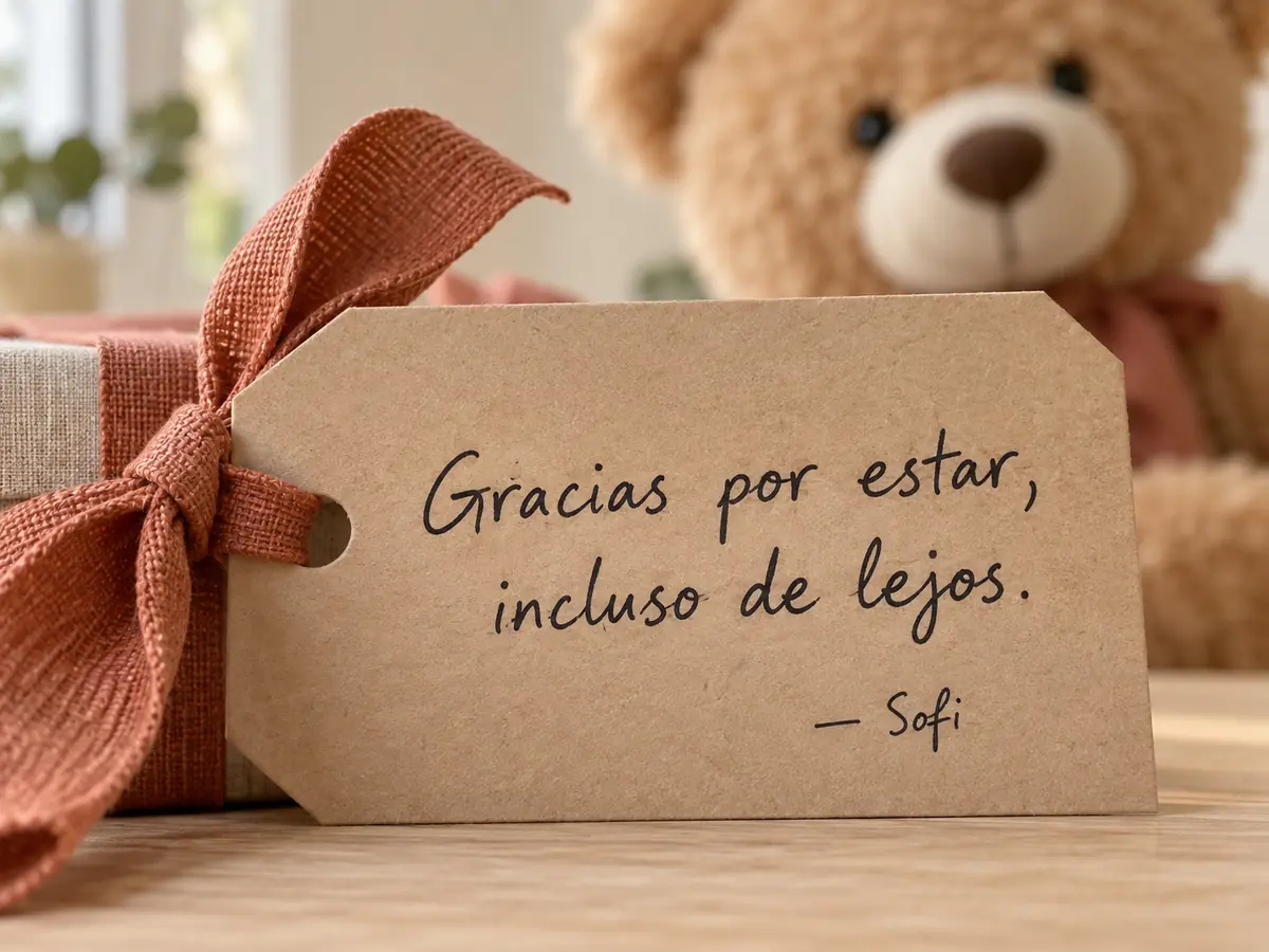 Etiqueta escrita a mano que dice «Gracias por estar, incluso de lejos. — Sofi»