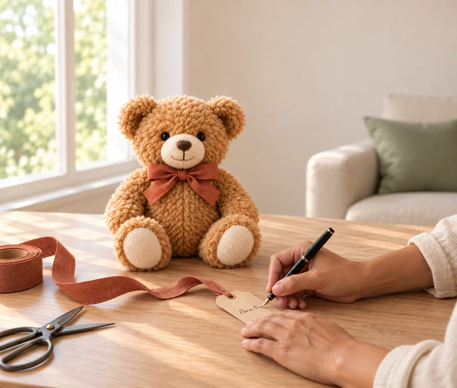 Una mano escribe a mano la etiqueta de un peluche, sobre una mesa de madera